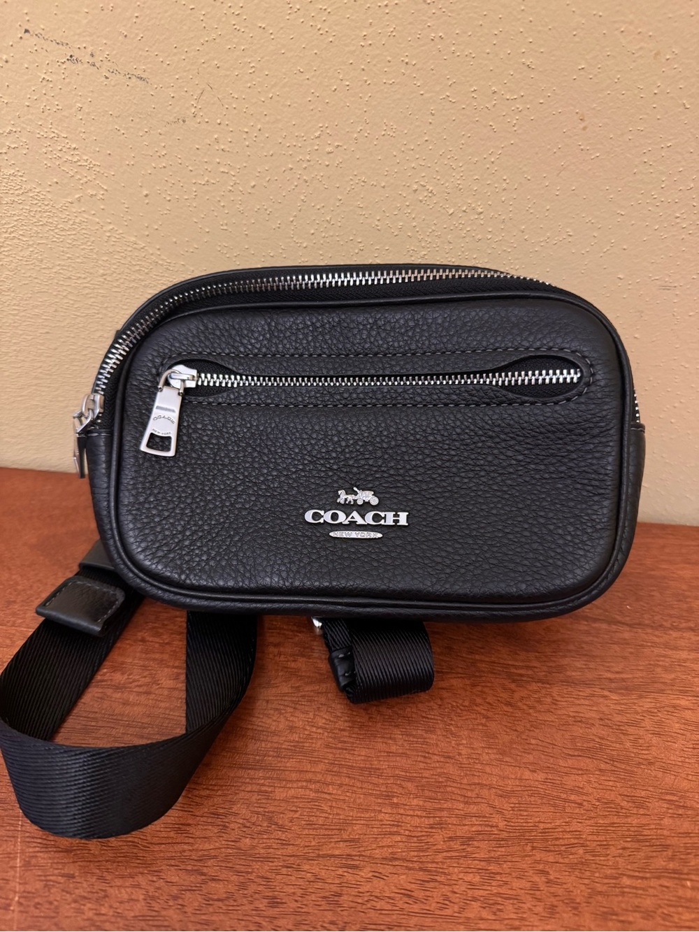 Coach Black Pebbled Leather Crossbody Belt Bag with Silver Hardware